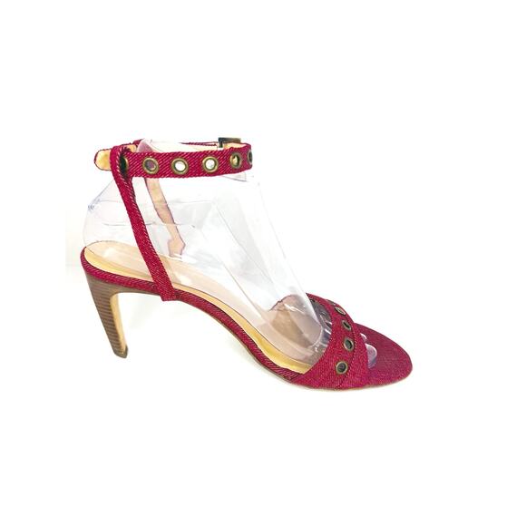 Vintage Chanel Red Canvas Sandals Heels IT 39  Grommet Ankle Strap CC Logo - Picture 1 of 12